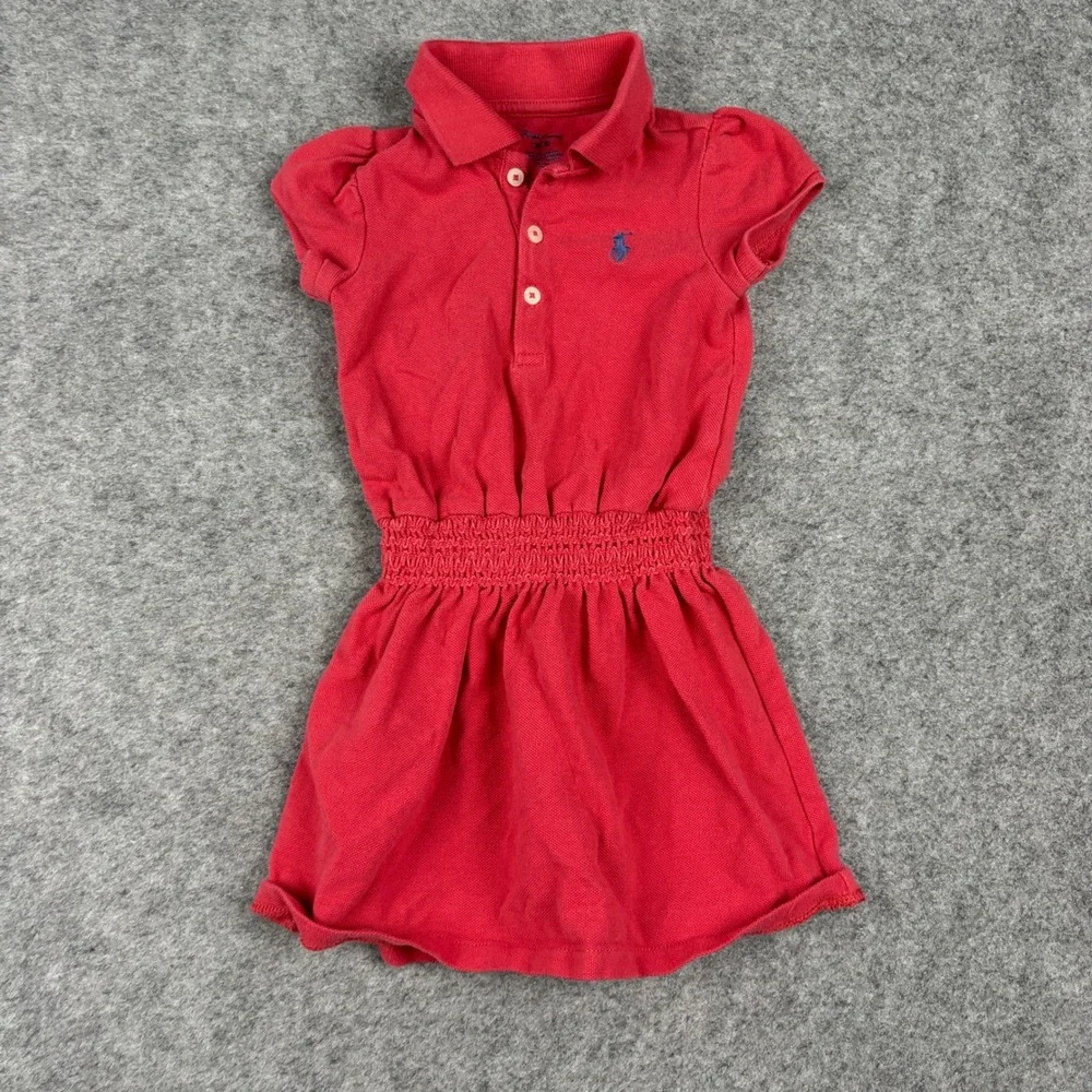 Ralph Lauren Polo Dress Girls 12 Months Red Short Sleeve Smocked Waist Logo